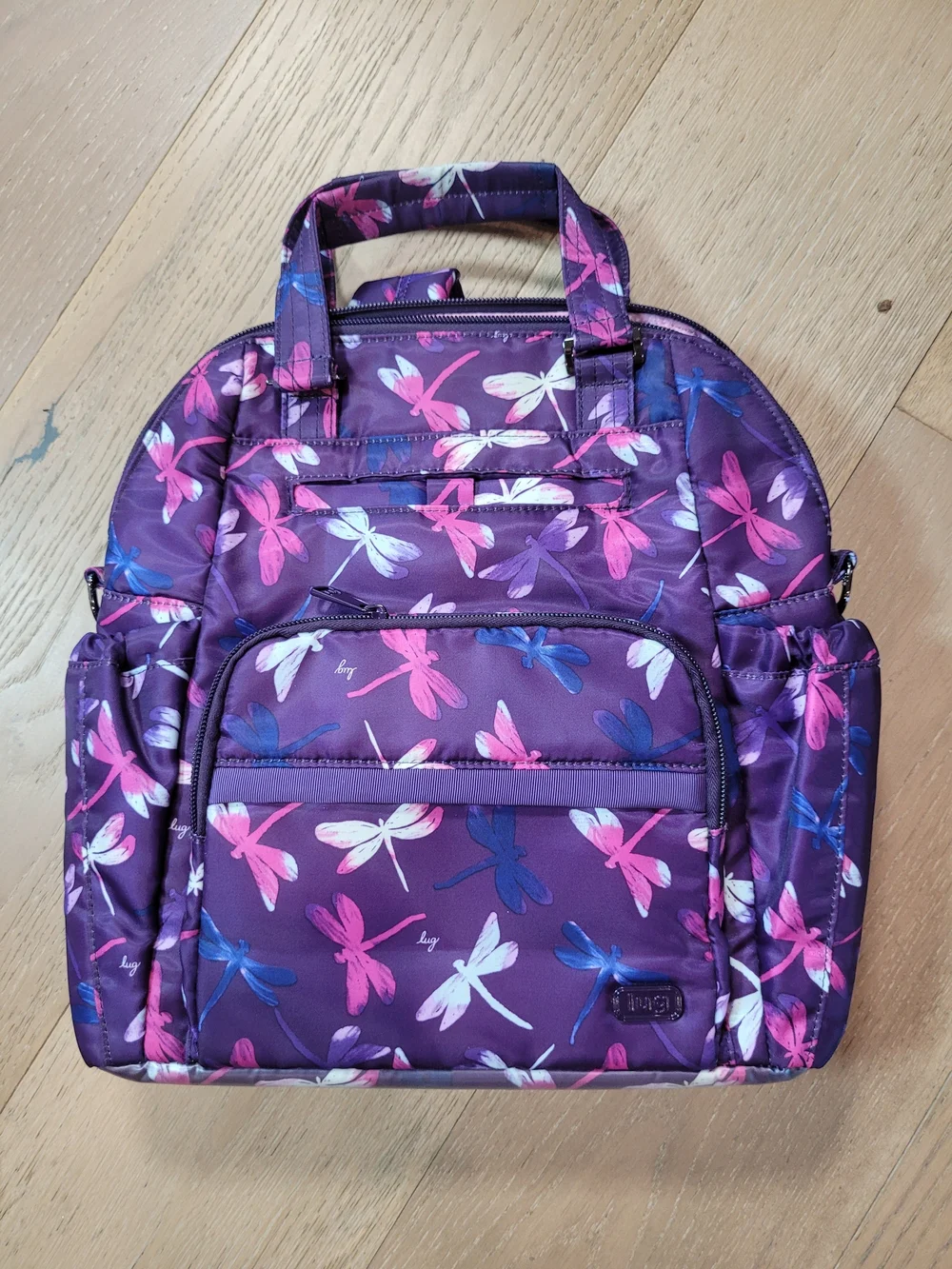 EUC lug Canter Convertible Tote Bag Women's Purple Dragonfly Crossbody Backpack